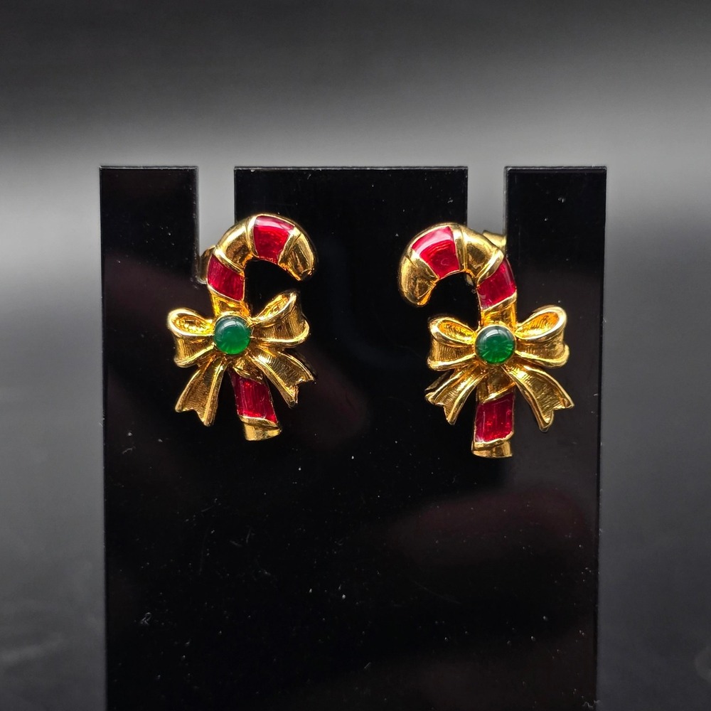 Avon 1996 Candy Cane Earrings Red Gold Tone Stud Christmas Jewelry